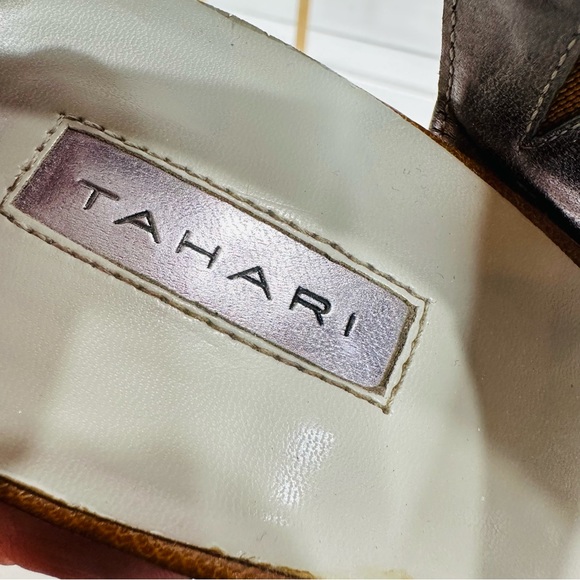 TAHARI SICILY STRAPPY CLASSY WOOD STACKED 4 1/2โ HIGH HEEL BROWN LEATHER SIZE 10 - Picture 10 of 10